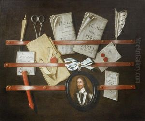 A Trompe L'oeil Still Life Of A Letter Rack With Letters, Pamphlets, Scissors, A Quill Pen, A Wax Seal And An Oval Miniature Of King Charles I