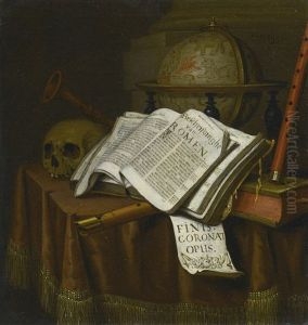 Vanitas Still Life With Astrological Globe, Musical Instruments, Skull, And Books On A Draped Table by Edward Collier
