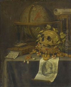 A Vanitas Still Life With A Skull Surmounting An Upturned Crown, An Astrological Globe, An Hourglass, A Book, A Shell With Soap Bubbles And A Portrait Of The Emperor Augustus On A Draped Table