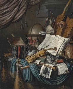 A Globe, A Casket Of Jewels And Medallions, Books, A Hurdy-gurdy, A Bagpipe, A Lute, A Violin, An Upturned Silver Tazza And Roemer, And Other Objects On A Draped Table by Edward Collier