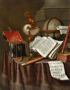 Vanitas Still Life With Books, A Globe, Nautilus Chalice And Flutes