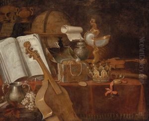 A Vanitas Still Life With An Open Book, A Globe, A Nautilus Goblet, A Violin And Precious Objects by Edward Collier