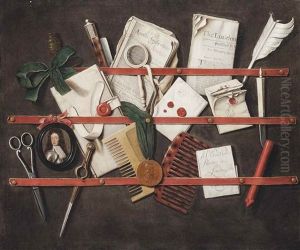 A Trompe L'oeil Of A Letter Rack With Documents, Pamphlets, A Miniature Of King William Iii (1650-1702), A Medallion, A Quill, A Stick Of Red Wax, A Magnifying-glass, Combs, Scissors, And Other Objects by Edward Collier