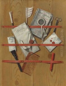 A Trompe L"oeil Of Letters, A Newspaper, A Quill, A Magnifying Glass And Other Objects Assembled Behind Ribbons Upon Wooden Boards