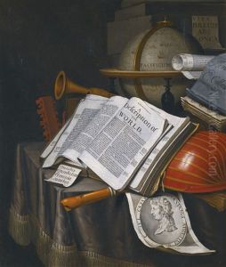 Vanitas Still Life With An Upturned Lute, A Globe Turned To The Pacific Ocean, An Open Copy Of Rider Cardanus' The British Merlin, And An Engraving Of Caesar Octavianus Augustus