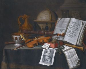 Vanitas Still Life With A Globe, A Violin And Bow, Lemon Peel, A Recorder, A Musical Score, An Open Book, An Hour Glass And Other Objects by Edward Collier