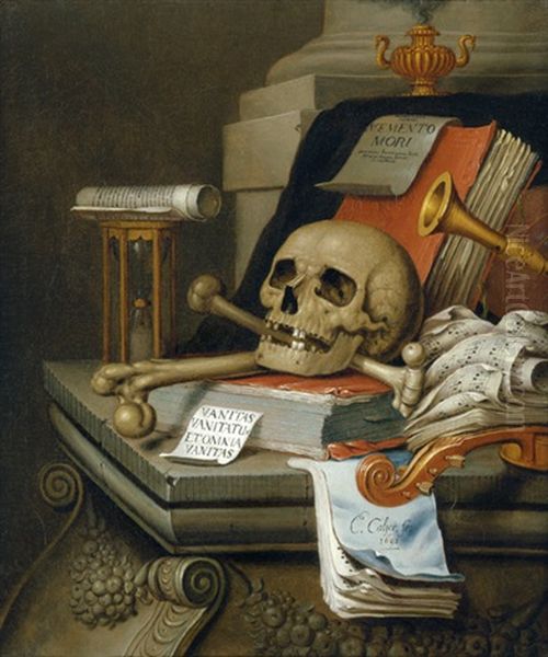Vanitasstilleben Mit Totenschadel, Sanduhr Und Notenblattern - view 1