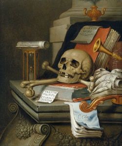 Vanitasstilleben Mit Totenschadel, Sanduhr Und Notenblattern