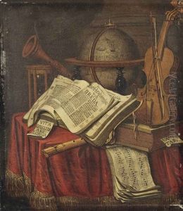 A Vanitas Still Life With A Globe, Musical Instruments, An Hourglass, An Open Copy Of Beschrijvinghe Van Breda And Sheet Music Of The Wilhelmus... by Edward Collier