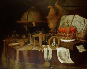 A Vanitas Still Life With A Globe, Court Jewels In A Casket, A Sword, A Miniature Portrait Of King Charles I And Other Objects On A Draped Table