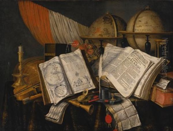 Vanitas Still Life With A Candlestick, Musical Instruments, Dutch Books, A Writing Set, An Astrological And A Terrestial Globe And An Hourglass, All On A Draped Table - view 1