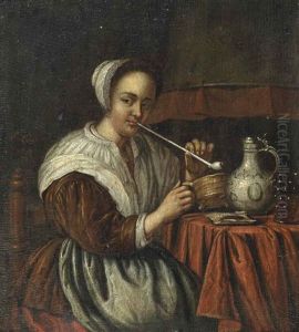 A Woman Smoking A Pipe At A Table