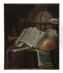 A Vanitas Still Life With An Open Book, A Lute, Recorders, Scores, A Globe And An Hourglass On A Draped Table by Edward Collier