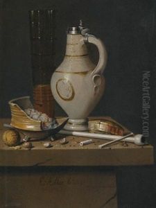 A Toebakje Still Life Of Smoker's Requisites, A Jug And A Tall Glass Partly Filled With Beer
