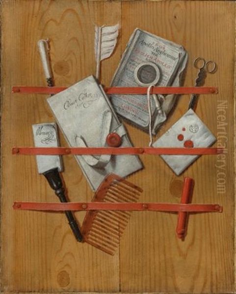 A Trompe L'oeil Still Life With Letters, A Magazine, A Notebook, A Magnifying Glass, Scissors, A Quill, A Letter Opener And A Tortoise Shell Comb - view 1