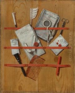 A Trompe L'oeil Still Life With Letters, A Magazine, A Notebook, A Magnifying Glass, Scissors, A Quill, A Letter Opener And A Tortoise Shell Comb