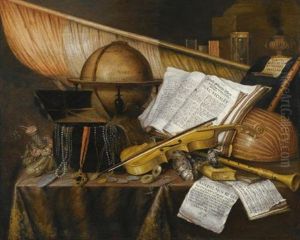 A Vanitas Still Life With Books And Leaflets, A Globe, A Princely Flag, A Musical Score, Musical Instruments, And An Hourglass On A Draped Table With A Silver Tazza, Coins, A Watch, And A Purse by Edward Collier
