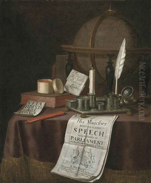 A Globe, An Inkwell With A Candle, Books And Other Objects On A Draped Table - view 1