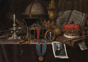A Vanitas With A Medallion Of Henri Iv Of France, A Candlestick, Globe And Other Objects, On A Draped Table