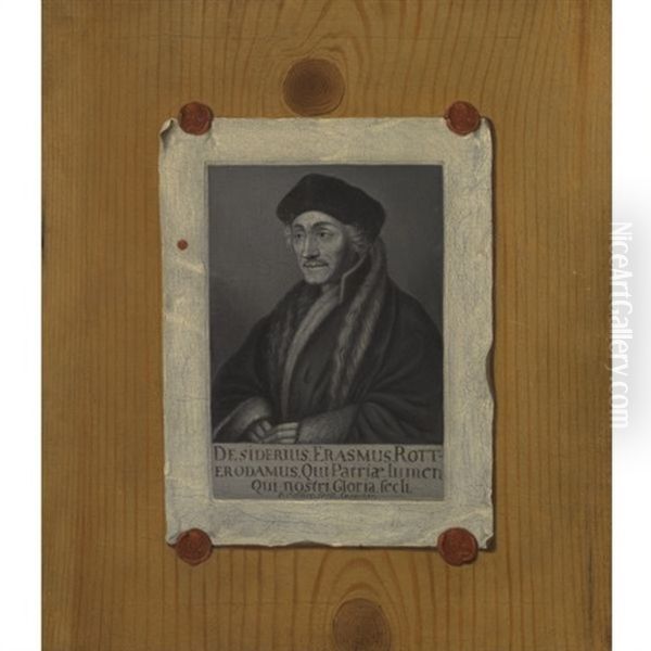 A Trompe-l'oeil Portrait Of An Engraving Of Desiderius Erasmus Affixed To Pine Panelling - view 1