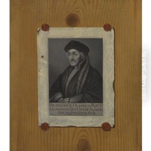 A Trompe-l'oeil Portrait Of An Engraving Of Desiderius Erasmus Affixed To Pine Panelling