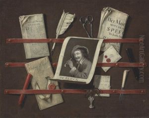 A Trompe L'oeil Still Life Of A Letter Rack, An Engraving, A Dutch And An English Newspaper,a Feather Quill, A Silver Seal, Scissors And A Pen Knife