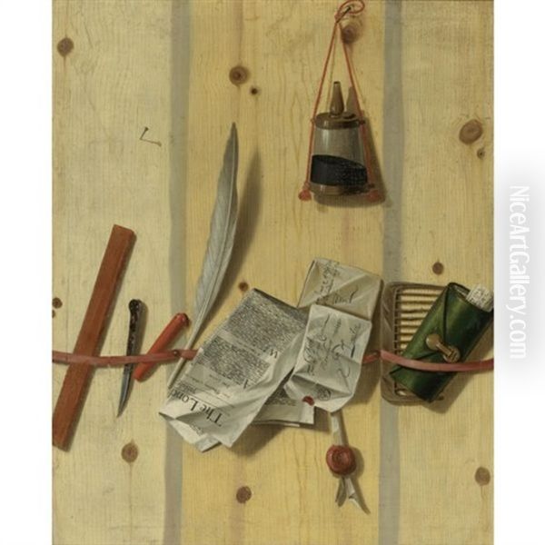Trompe L'oeil Still Life Of A Letter Rack Holding A Newspaper, Letters, A Letter Opener, Wax, A Quill, A Comb And Other Objects - view 1