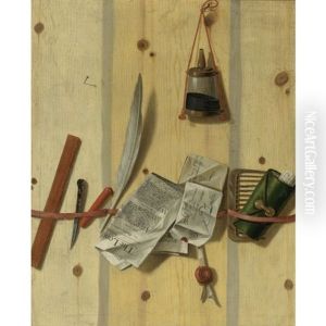 Trompe L'oeil Still Life Of A Letter Rack Holding A Newspaper, Letters, A Letter Opener, Wax, A Quill, A Comb And Other Objects