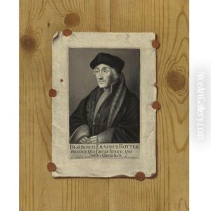 Trompe L'oeil Still Life With An Engraving Of Erasmus Of Rotterdam Affixed To A Wood Board by Edward Collier