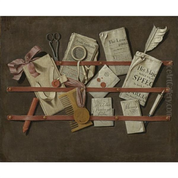 Trompe L'oeil Still Life Of A Letter Rack Holding Newspapers, Letters, A Comb, Scissors, Wax, A Letter Opener, A Magnifying Glass And Other Objects - view 1
