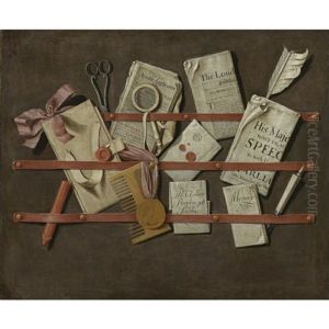 Trompe L'oeil Still Life Of A Letter Rack Holding Newspapers, Letters, A Comb, Scissors, Wax, A Letter Opener, A Magnifying Glass And Other Objects by Edward Collier