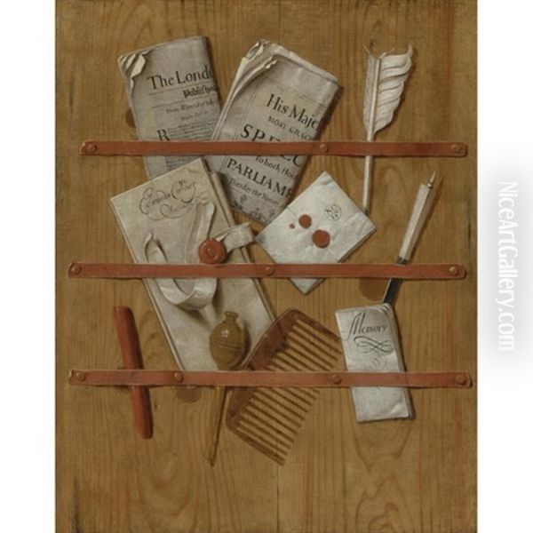 Trompe L'oeil Still Life Of A Letter Rack Holding Newspapers, Letters, A Comb, A Knife, A Quill, Wax And A Seal - view 1