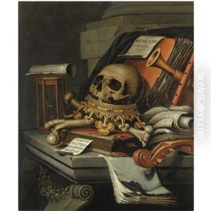 A Vanitas Still Life With A Skull Surmounting A Crown, Books, Scrolls, An Hour-glass, A Violin And Other Musical Instruments, All Resting Upon A Stone Ledge by Edward Collier