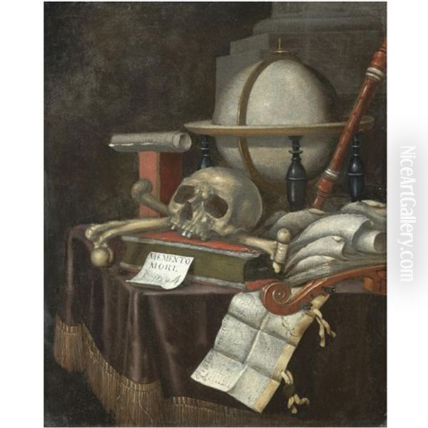 A Vanitas Still Life With A Globe, A Skull And Other Human Bones, Musical Instruments And Several Books All Aranged On A Draped Table - view 1