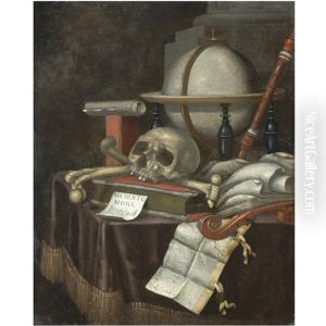 A Vanitas Still Life With A Globe, A Skull And Other Human Bones, Musical Instruments And Several Books All Aranged On A Draped Table by Edward Collier