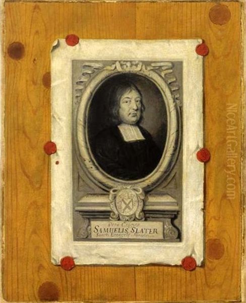 An Engraved Portrait Of Samuel Slater Attached To A Panelled Wall With Red Laquer - view 1