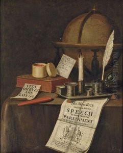 A Vanitas Still-life With A Globe, An Inkstand, A Candle, A Pot Of Seals, A Book And A Manuscript On A Draped Table by Edward Collier