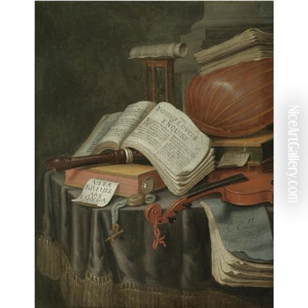 A Vanitas Still Life With Books And Manuscripts, A Recorder, A Lute, A Violin, An Hourglass And A Compass, All On A Draped Table - view 1