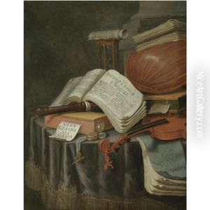 A Vanitas Still Life With Books And Manuscripts, A Recorder, A Lute, A Violin, An Hourglass And A Compass, All On A Draped Table by Edward Collier