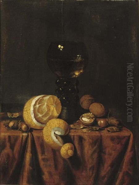 A Roemer Of White Wine, A Partially Peeled Lemon, Walnuts And Hazelnuts, All On A Draped Table - view 1