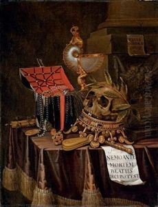 A Vanitas Still-life With A Chest Of Jewels, A Nautilus Cup, An Upturned Crown And A Skull Resting On The Top With A Note, And Other Objects On A Drape