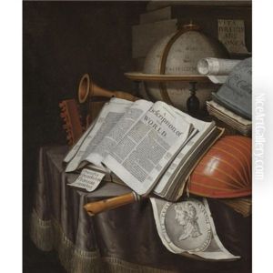 A Vanitas Still Life With A Globe And An Atlas Open On Draped Table Along With A Lute And An Engraving Of Caesar Octavianus Augustus