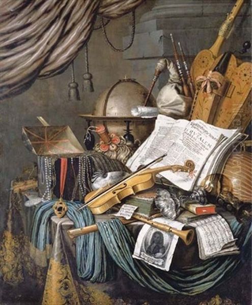 A Vanitas Still Life Of A Globe, A Casket Of Jewels And Medallions, Books, A Hurdy-gurdy, A Bagpipe, A Lute, A Violin, A Silver Tazza, A Roemer, A Nautilus Shell, A Recorder, A Shawn, A Print With A S - view 1