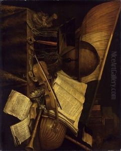 A Vanitas Still Life With Objects All On A Draped Table by Edward Collier