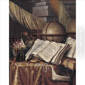 Vanitas Still Life With A Globe, Books And A Box Of Jewels All Resting On A Draped Table