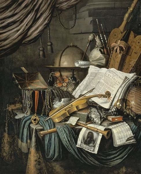 A Vanitas Still Life With A Globe, Jewels, Books, Musical Instruments, Including A Bagpipe, A Hurdy Gurdy, A Lute, A Violin, A Recorder And A Shawn, And A Print With A Self-portrait Of The Artist by Edward Collier
