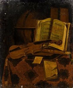 Still Life With A Violin, A Recorder, A Globe And Books On A Table Draped With A Carpet