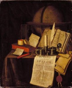 A Vanitas Still Life With An Ink-well And Quill, A Candle, A Box Of Seals, Sealing Wax, Books And A Globe On A Draped Table