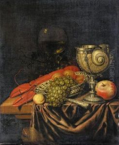 A Still Life Of Peaches And Grapes In A Blue And White Bowl, With A Nautilus-shell Cup, A Lobster And An Apple