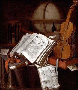 A Vanitas Still-life Of A Globe, Books, An Hourglass, A Violin, A Recorder, Sheet Music And A Pocket Watch On A Draped Table